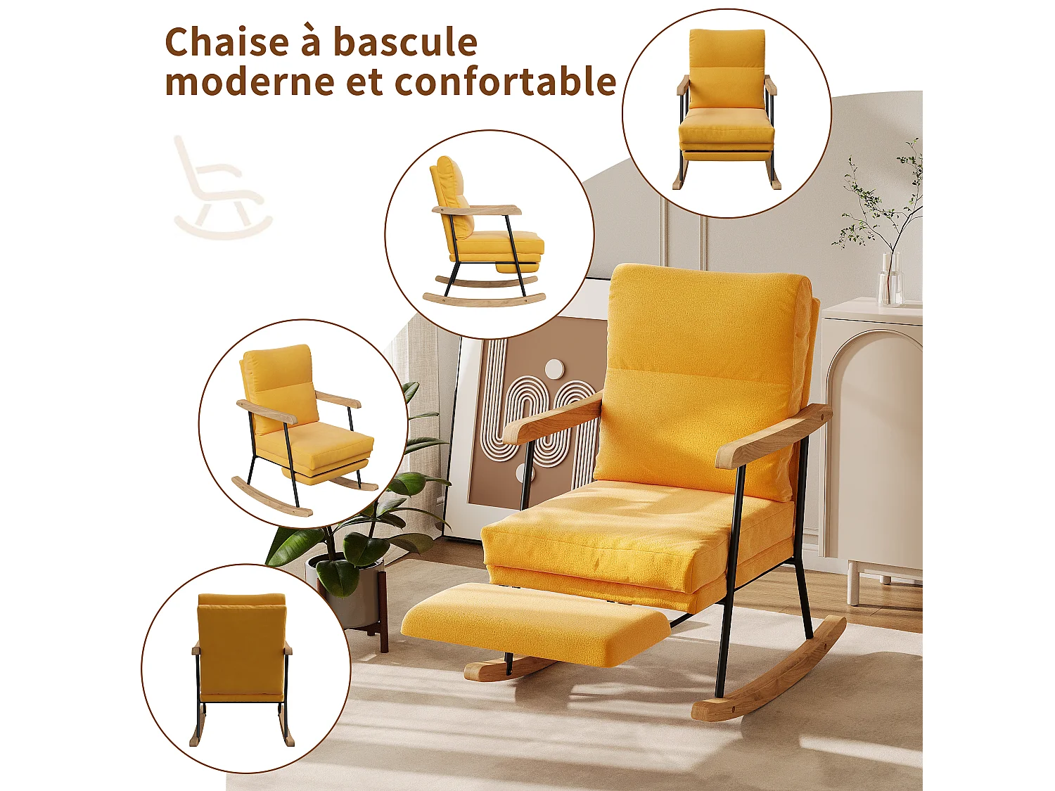 Chaise à bascule avec repose-pieds-chaise de loisirs avec accoudoirs et pieds en bois massif-chaise salon pour chambre