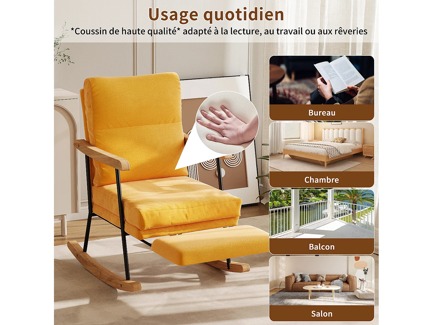 Chaise à bascule avec repose-pieds-chaise de loisirs avec accoudoirs et pieds en bois massif-chaise salon pour chambre