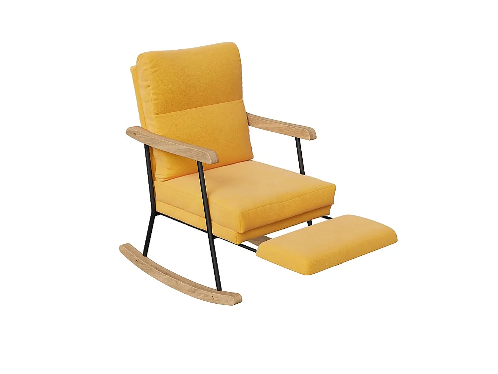 Gele fluwelen schommelstoel met voetensteun, massief houten poten en ergonomisch kussen voor woonkamer en slaapkamer