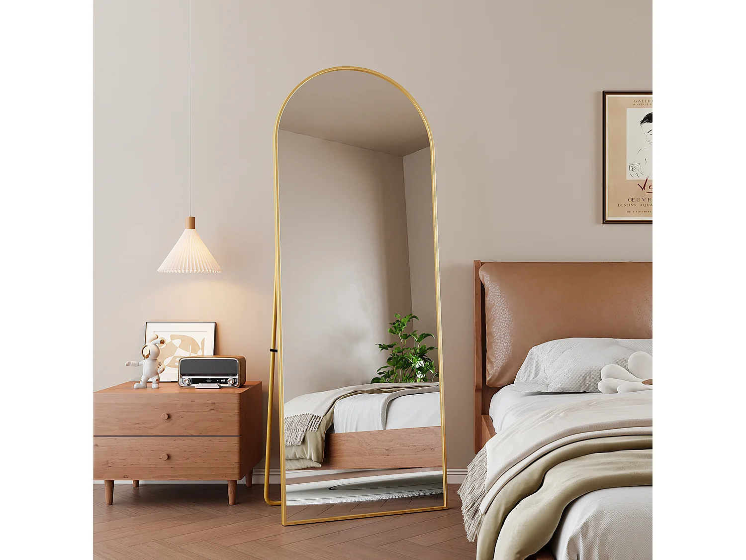 Miroir sur pied - 162 x 53 cm - Cadre aluminium en forme d'arche - Doré