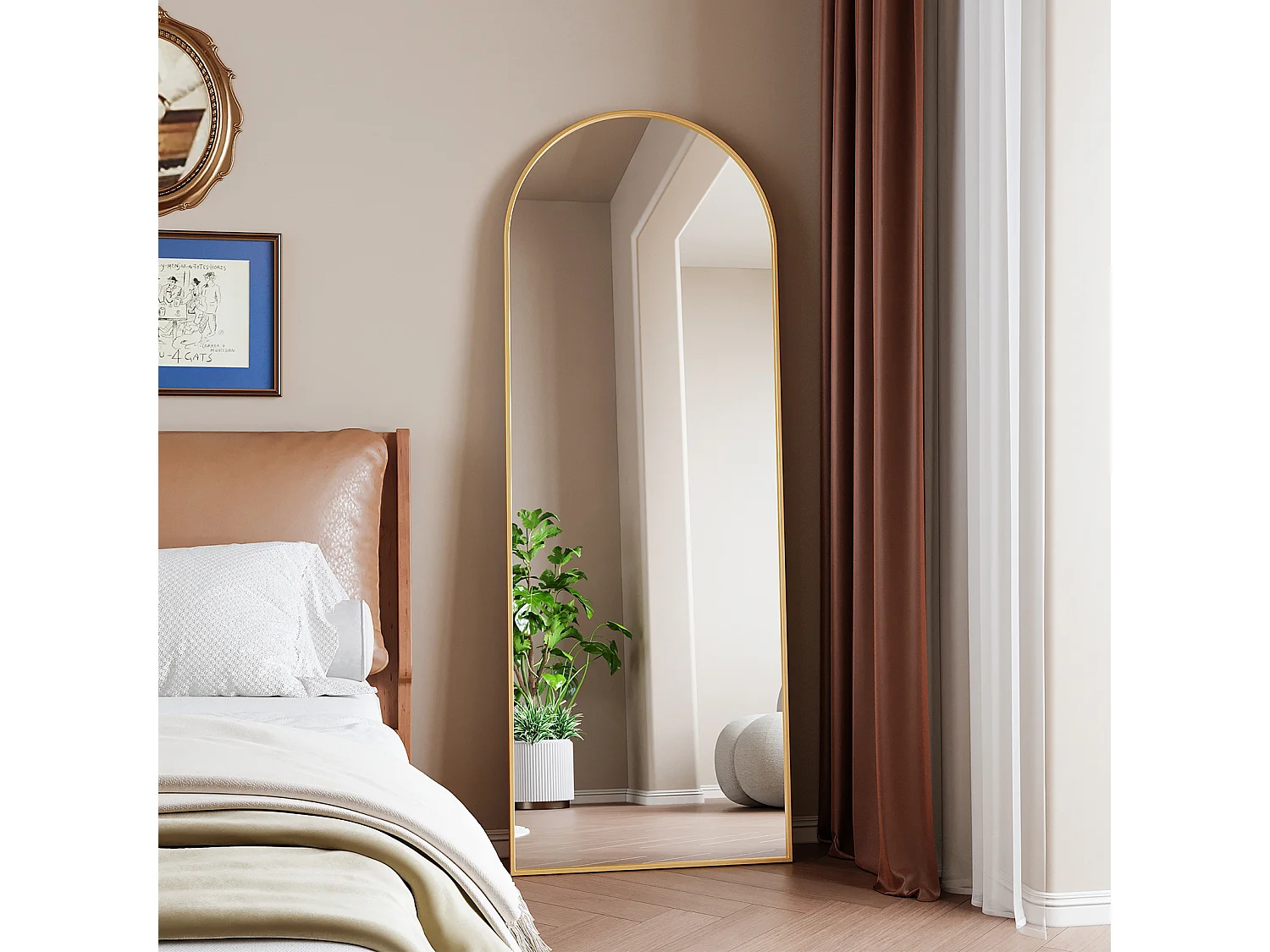 Miroir sur pied - 162 x 53 cm - Cadre aluminium en forme d'arche - Doré