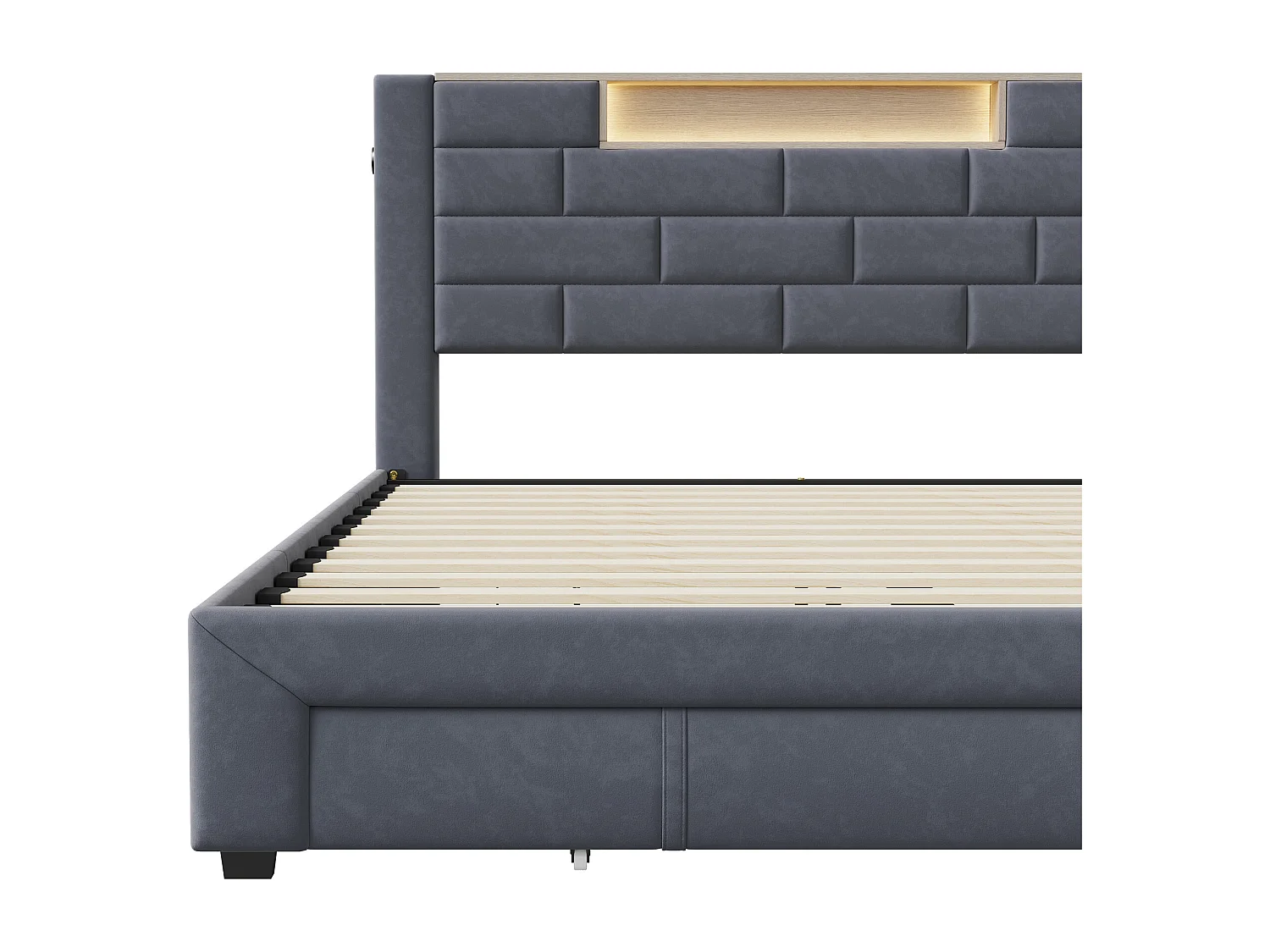 Lit Double Gris Velours Avec Tête De Lit à Ports USB Et Tiroirs De Rangement - 160 x 200 cm