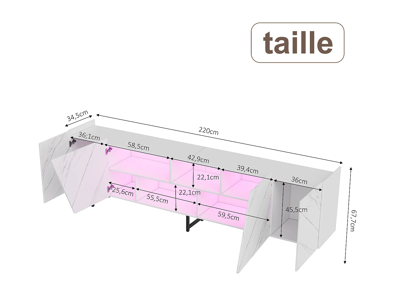 Supports de télévision avec éclairage LED-Imitation Marble Texture TV Cabinet-avec 2 portes et Open Space-TV Banque Meubles 220 cm