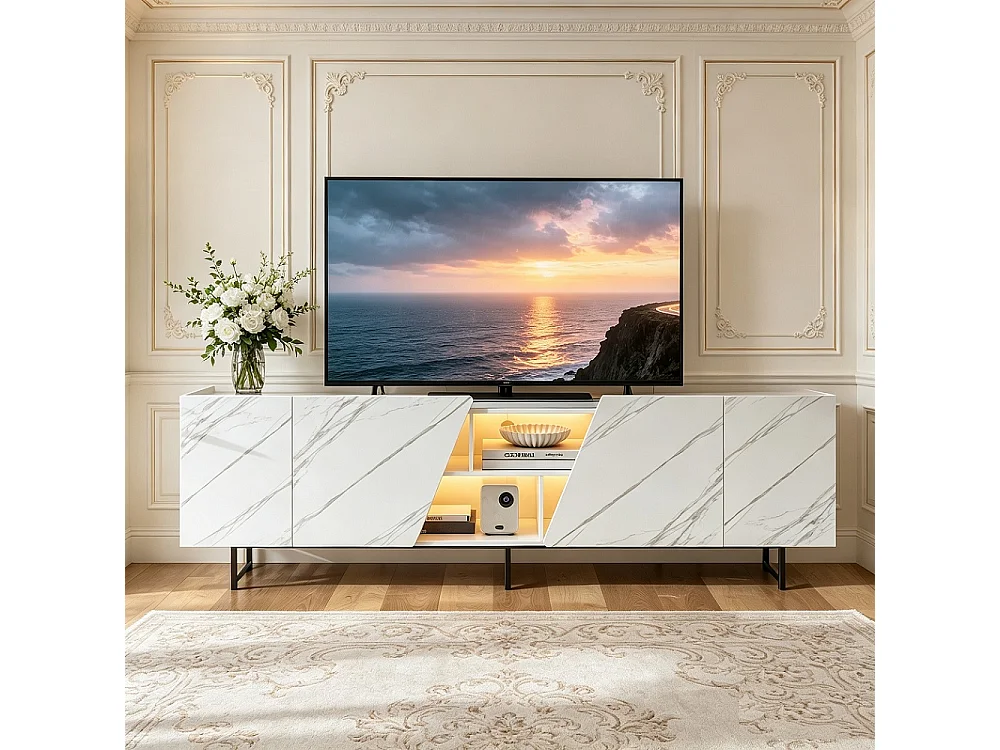 Supports de télévision avec éclairage LED-Imitation Marble Texture TV Cabinet-avec 2 portes et Open Space-TV Banque Meubles 220 cm