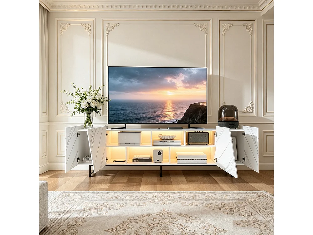 Supports de télévision avec éclairage LED-Imitation Marble Texture TV Cabinet-avec 2 portes et Open Space-TV Banque Meubles 220 cm