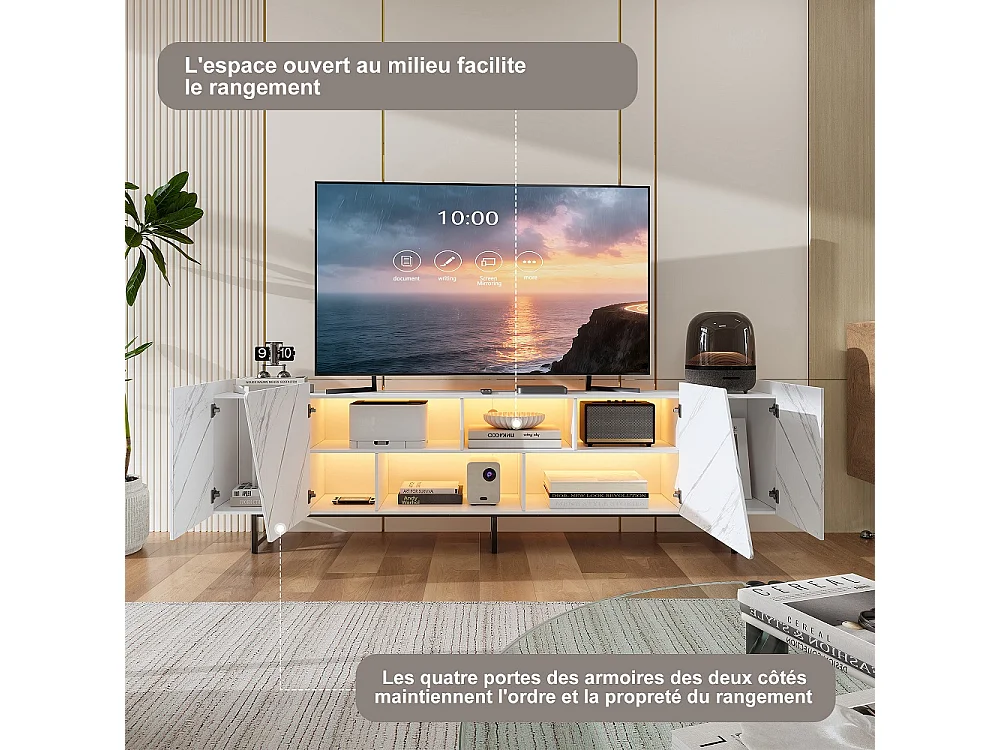 Supports de télévision avec éclairage LED-Imitation Marble Texture TV Cabinet-avec 2 portes et Open Space-TV Banque Meubles 220 cm