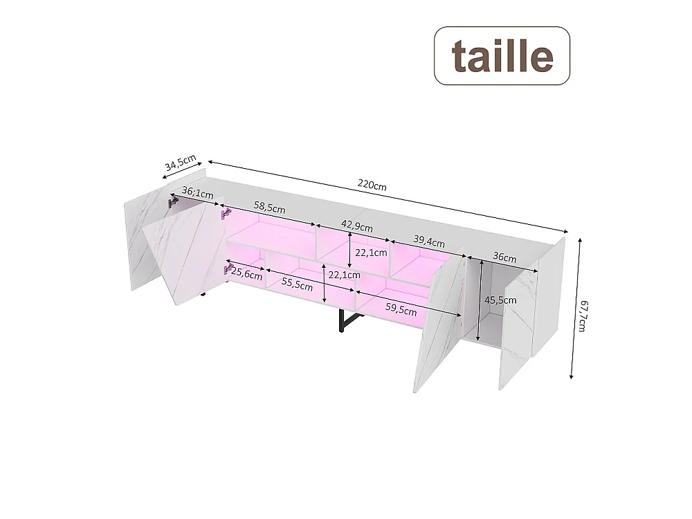 Supports de télévision avec éclairage LED-Imitation Marble Texture TV Cabinet-avec 2 portes et Open Space-TV Banque Meubles 220 cm