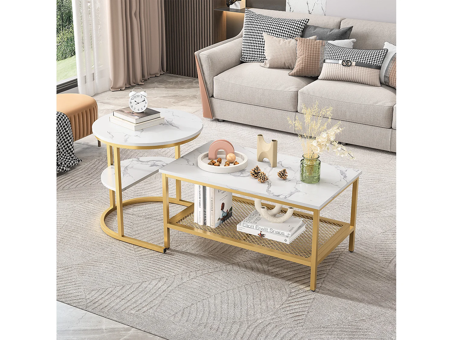 Tables latérales modernes élégantes Set-2pcs marbre cercle texturé + rectangle salon table basse avec espace de stockage-or