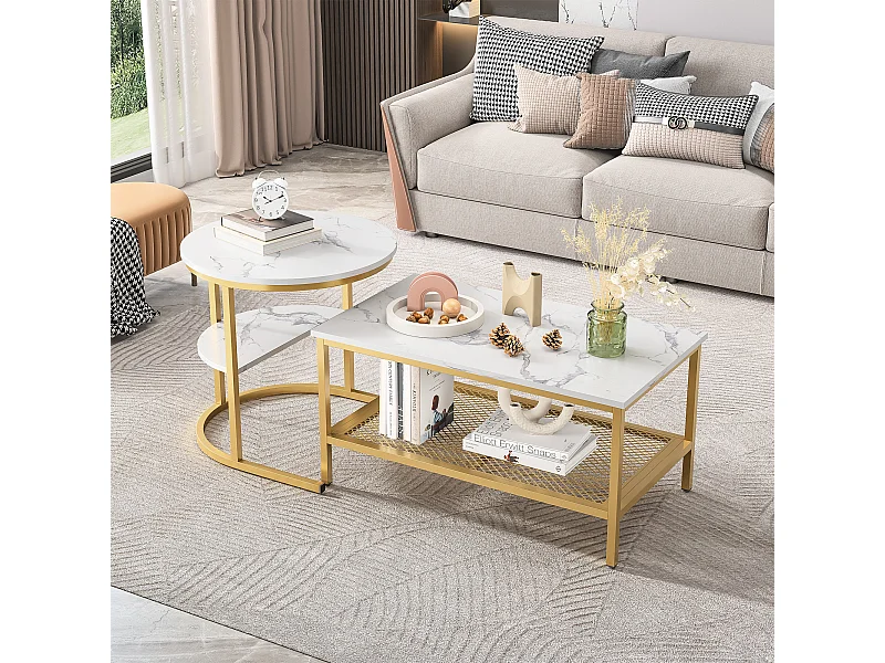 Tables latérales modernes élégantes Set-2pcs marbre cercle texturé + rectangle salon table basse avec espace de stockage-or