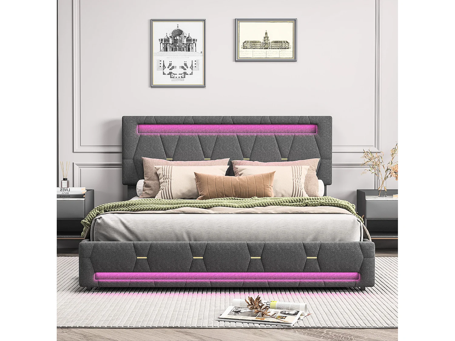 Doppelbett mit grauem Steppbezug 160x200 cm mit 4 Schubladen, integrierter LED-Beleuchtung und verstellbarem Kopfteil aus Leinen