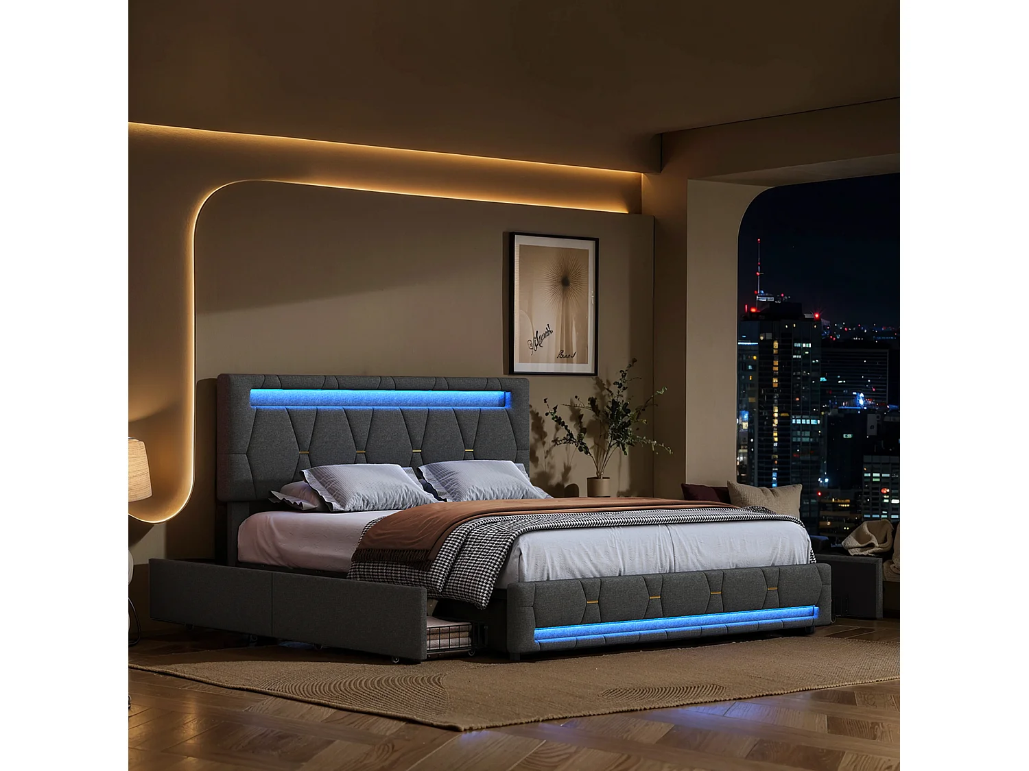 Doppelbett mit grauem Steppbezug 160x200 cm mit 4 Schubladen, integrierter LED-Beleuchtung und verstellbarem Kopfteil aus Leinen