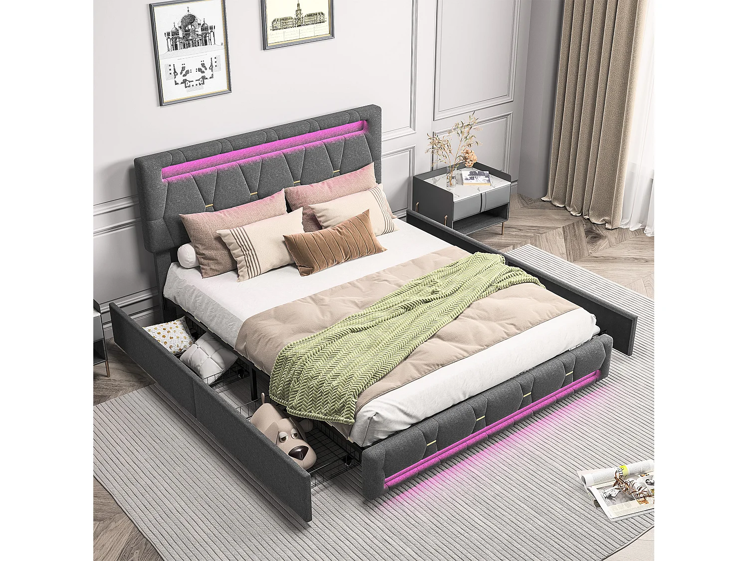 Lit Capitonné Tissu de Lin Gris à 4 Tiroirs - Bande Lumineuse Décorative à LED - Tête de Lit Réglable en Hauteur - Cadre de Lit Double - 140x200cm