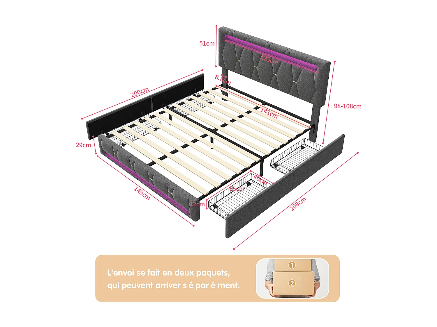 Gepolstertes Doppelbett Grau 140x200cm mit 4 Schubladen, Integrierten LEDs und Höhenverstellbarem Kopfteil