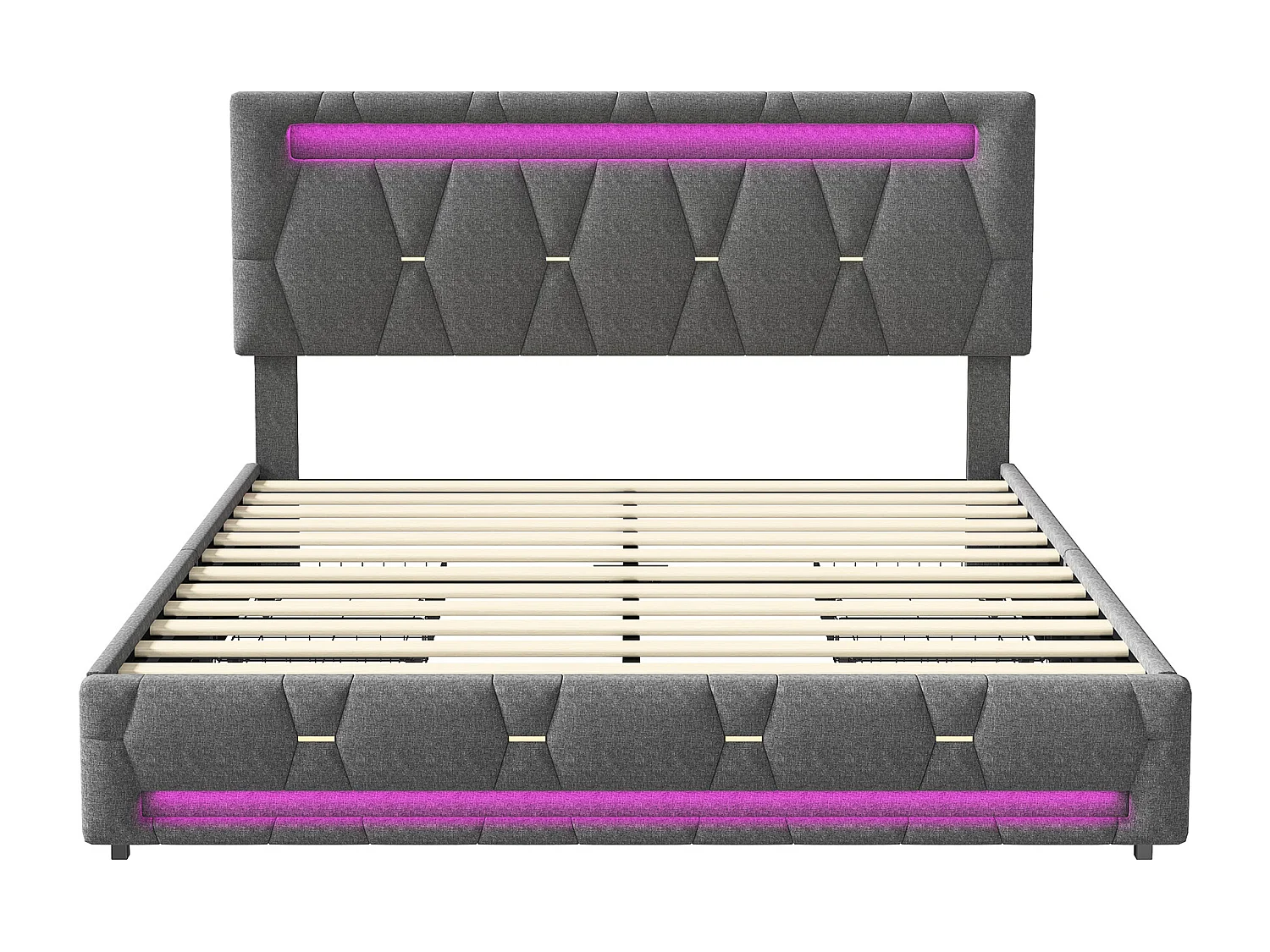 Gepolstertes Doppelbett Grau 140x200cm mit 4 Schubladen, Integrierten LEDs und Höhenverstellbarem Kopfteil