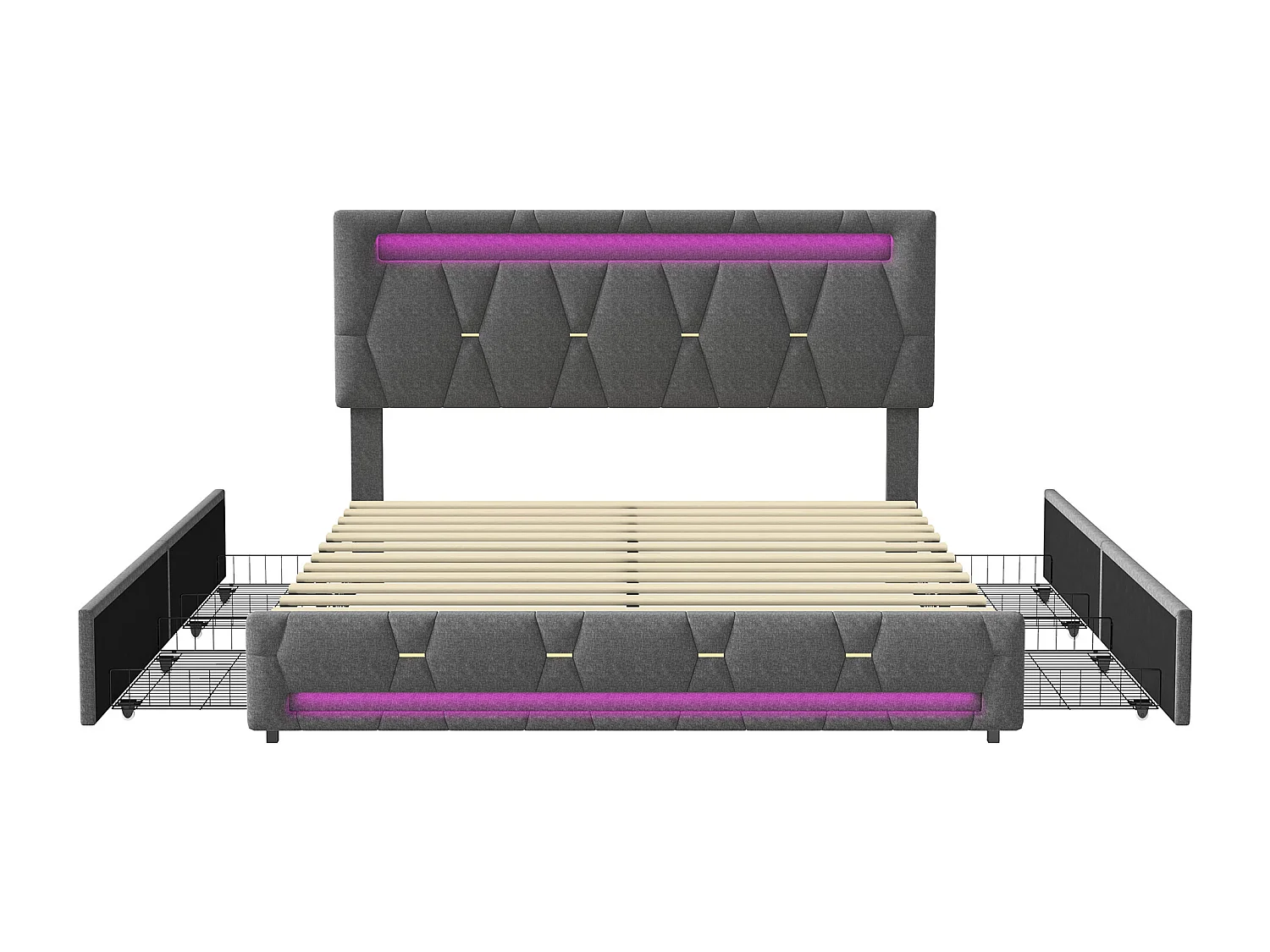 Gepolstertes Doppelbett Grau 140x200cm mit 4 Schubladen, Integrierten LEDs und Höhenverstellbarem Kopfteil