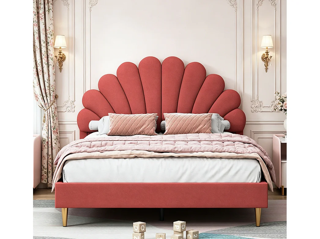 Doppelbett 140x200 Velours Beige Kopfteil Blumenrot Beeren Metall- und Holzrahmen Modern Chic