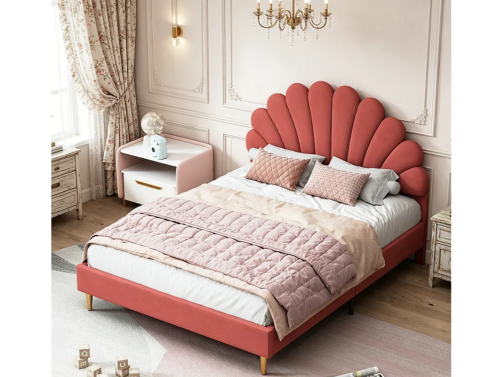 Doppelbett 140x200 Velours Beige Kopfteil Blumenrot Beeren Metall- und Holzrahmen Modern Chic