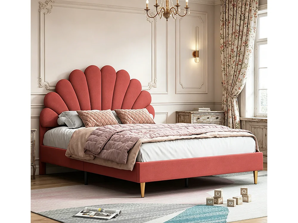 Doppelbett 140x200 Velours Beige Kopfteil Blumenrot Beeren Metall- und Holzrahmen Modern Chic