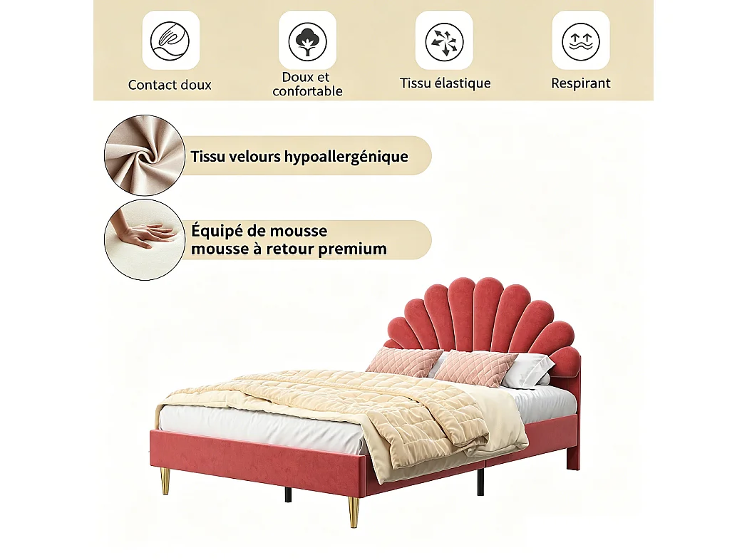 Doppelbett 140x200 Velours Beige Kopfteil Blumenrot Beeren Metall- und Holzrahmen Modern Chic