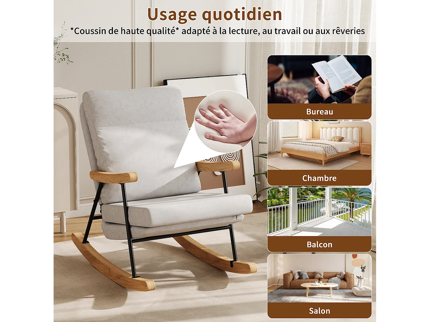 Coton linge dossier fauteuil-salon chaises-chaise ergonomique-bois massif et structure métallique-brasier en bois et base