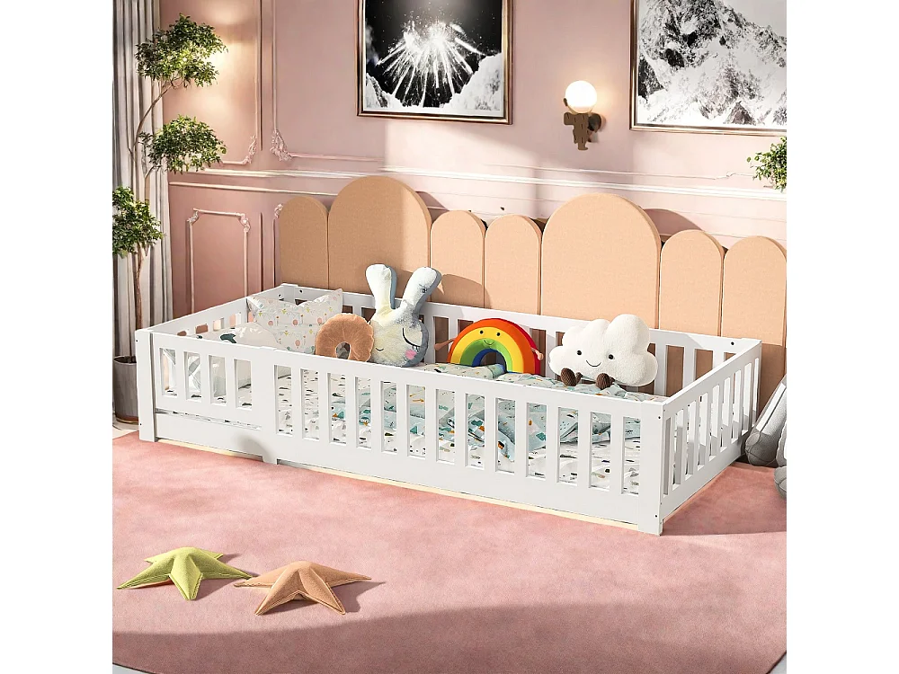 Lit pour enfants-Montessori lit de plancher bébé avec protection contre les chutes et cadre à lames-bois de pin massif--90x200cm