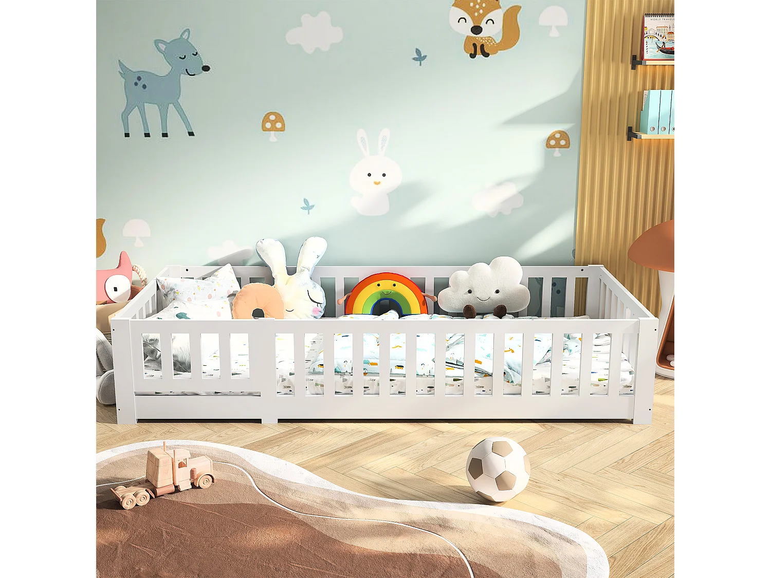 Lit pour enfants-Montessori lit de plancher bébé avec protection contre les chutes et cadre à lames-bois de pin massif--90x200cm