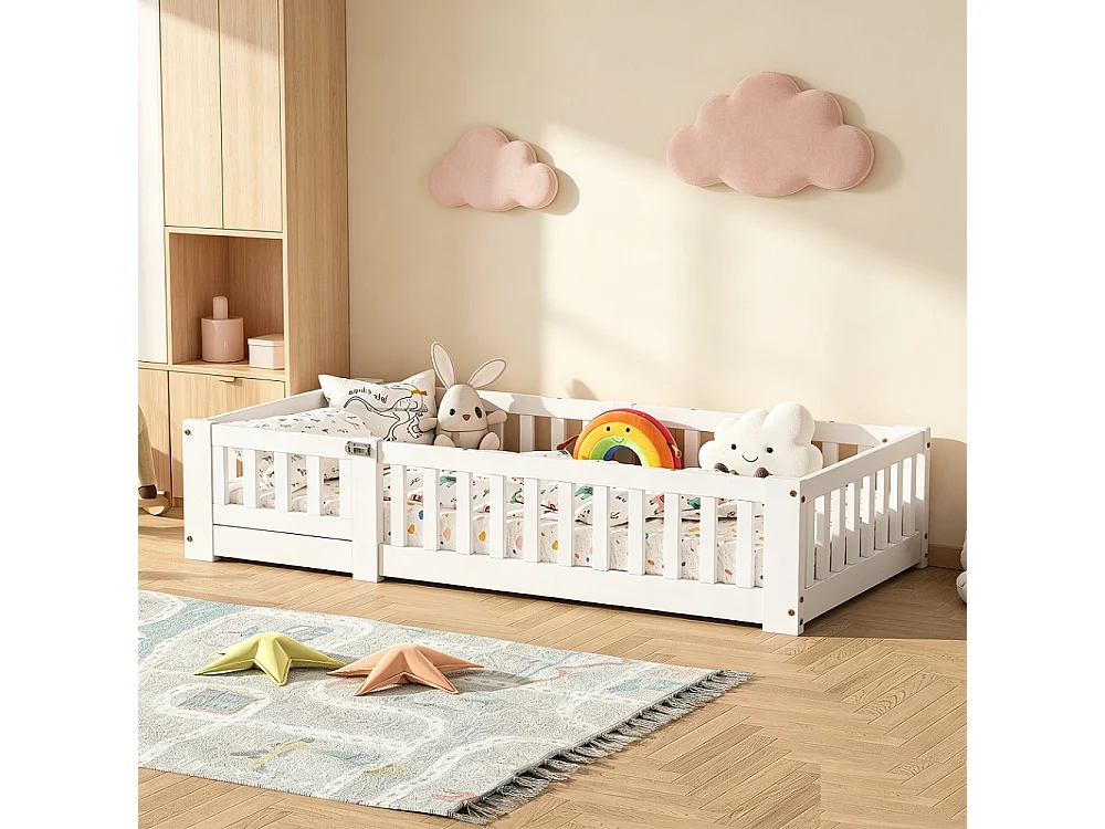 Lit de plancher 90 x 200 cm - Lit simple avec clôture et porte - Lit pour enfants avec protection contre les chutes et cadre à lames - Bois massif - Blanc