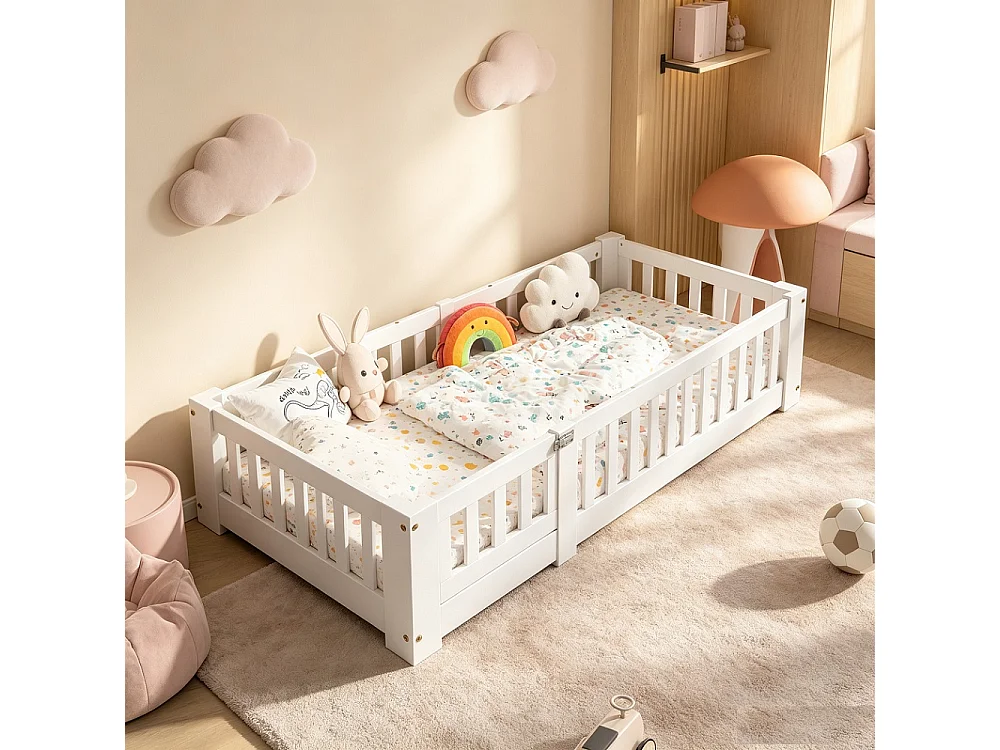 Lit de plancher 90 x 200 cm - Lit simple avec clôture et porte - Lit pour enfants avec protection contre les chutes et cadre à lames - Bois massif - Blanc