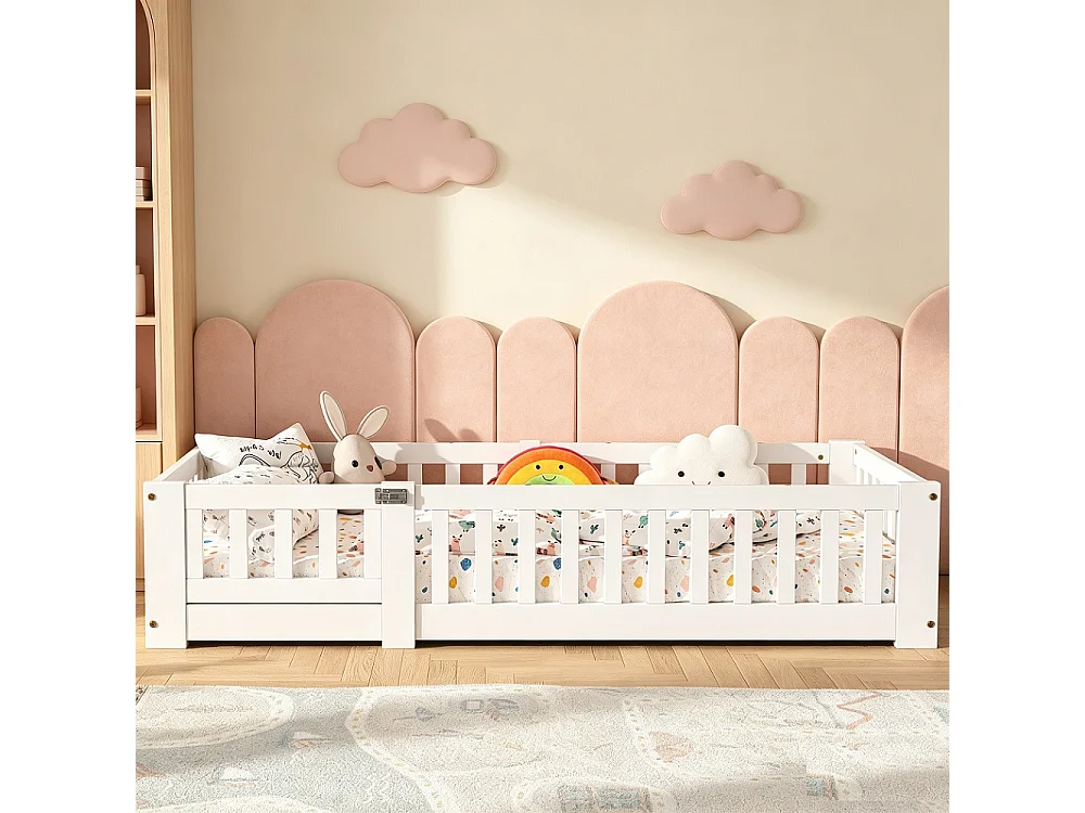 Lit de plancher 90 x 200 cm - Lit simple avec clôture et porte - Lit pour enfants avec protection contre les chutes et cadre à lames - Bois massif - Blanc