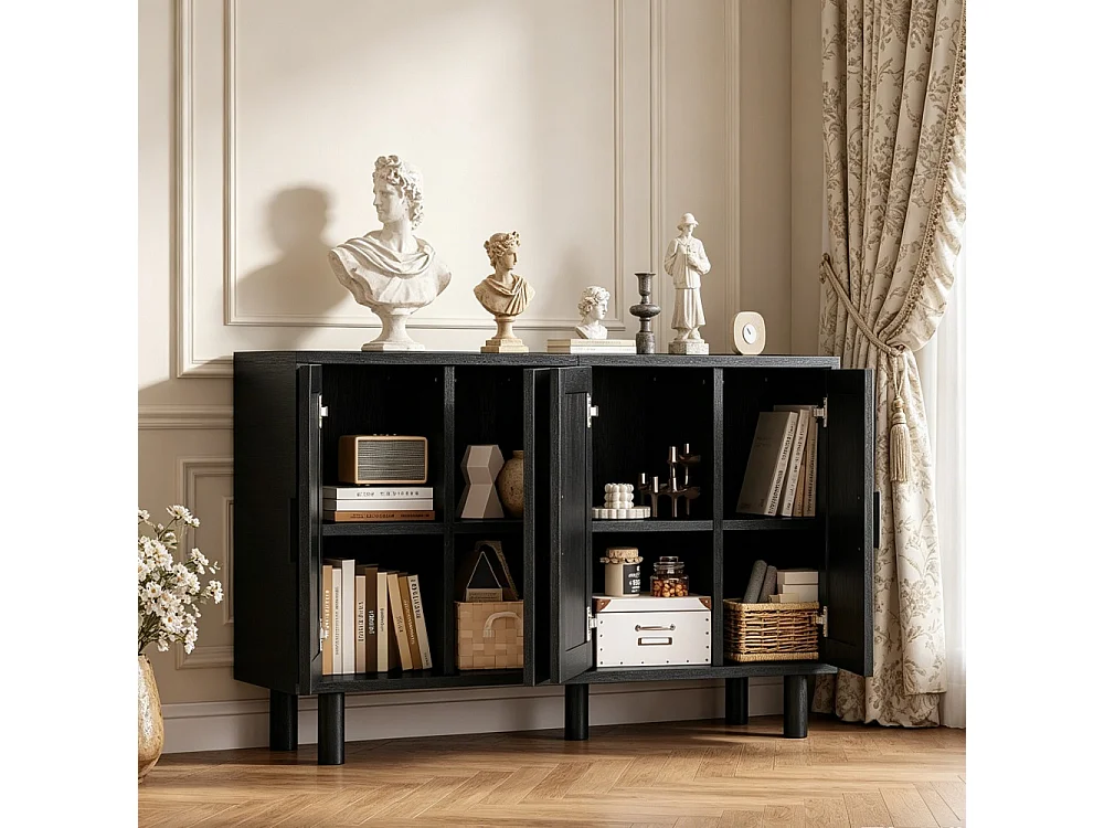 Moderno armario de almacenamiento de madera con puertas de ratán - Aparador de cocina para dormitorio sala de estar - Negro