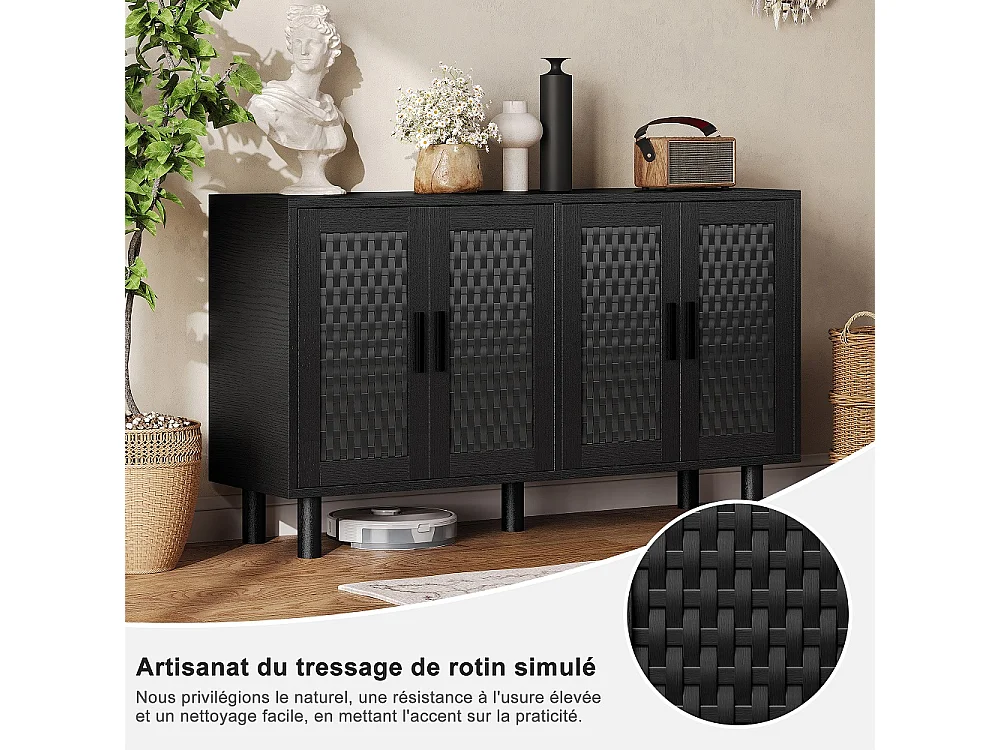 Moderno armario de almacenamiento de madera con puertas de ratán - Aparador de cocina para dormitorio sala de estar - Negro