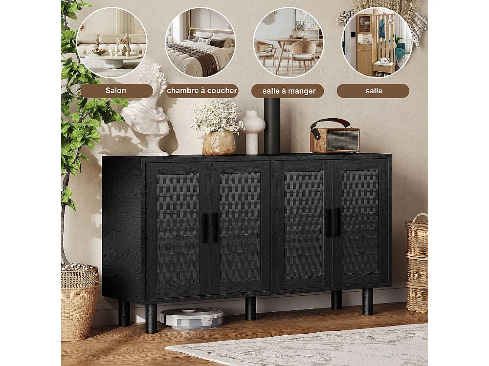 Moderno armario de almacenamiento de madera con puertas de ratán - Aparador de cocina para dormitorio sala de estar - Negro