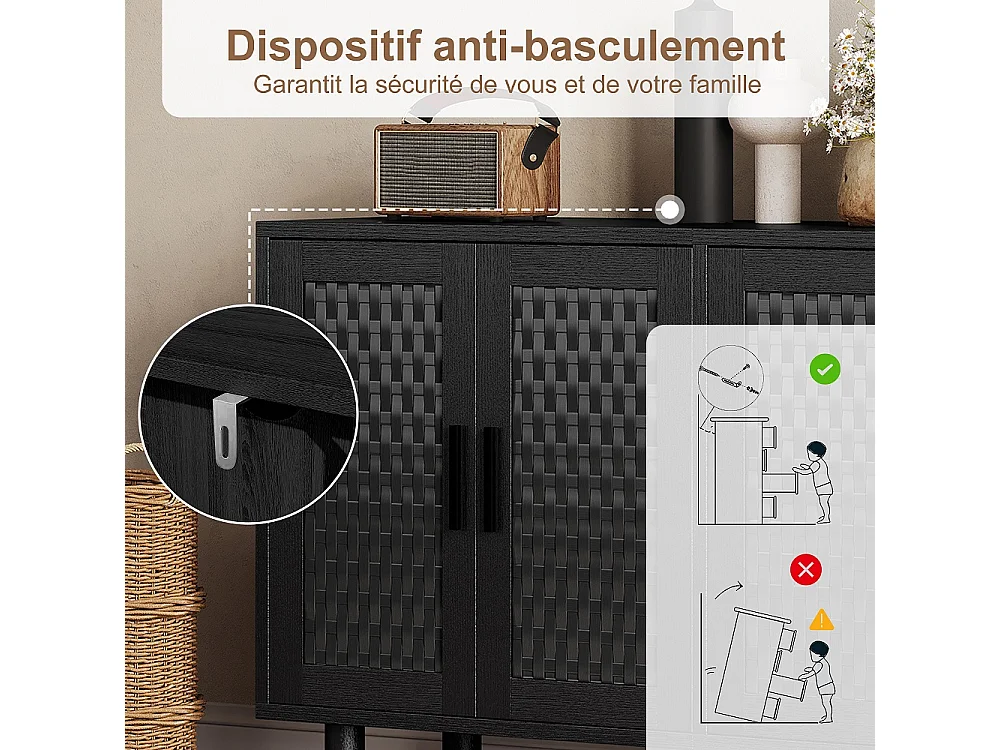 Moderno armario de almacenamiento de madera con puertas de ratán - Aparador de cocina para dormitorio sala de estar - Negro