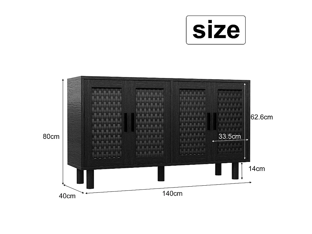 Moderno armario de almacenamiento de madera con puertas de ratán - Aparador de cocina para dormitorio sala de estar - Negro