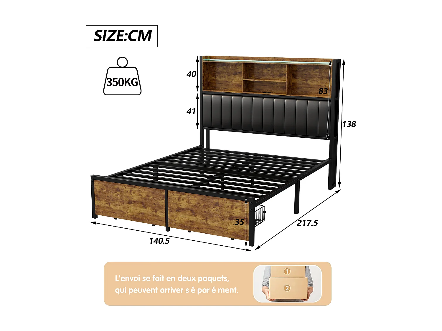 Lit Double 140x200cm -  avec 2 Tiroirs de Rangement - LIT Capitonné avec Éclairage LED et Prises USB - PU Tête de Lit avec Rangement