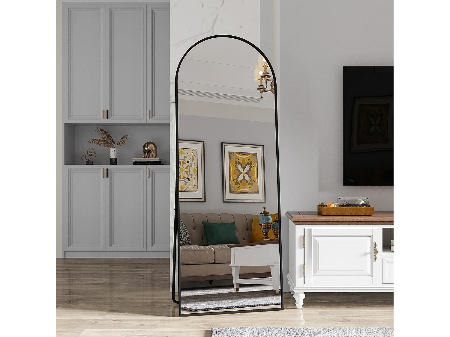 Miroir sur pied - 162 x 53 cm - Cadre aluminium en forme d'arche - Noir