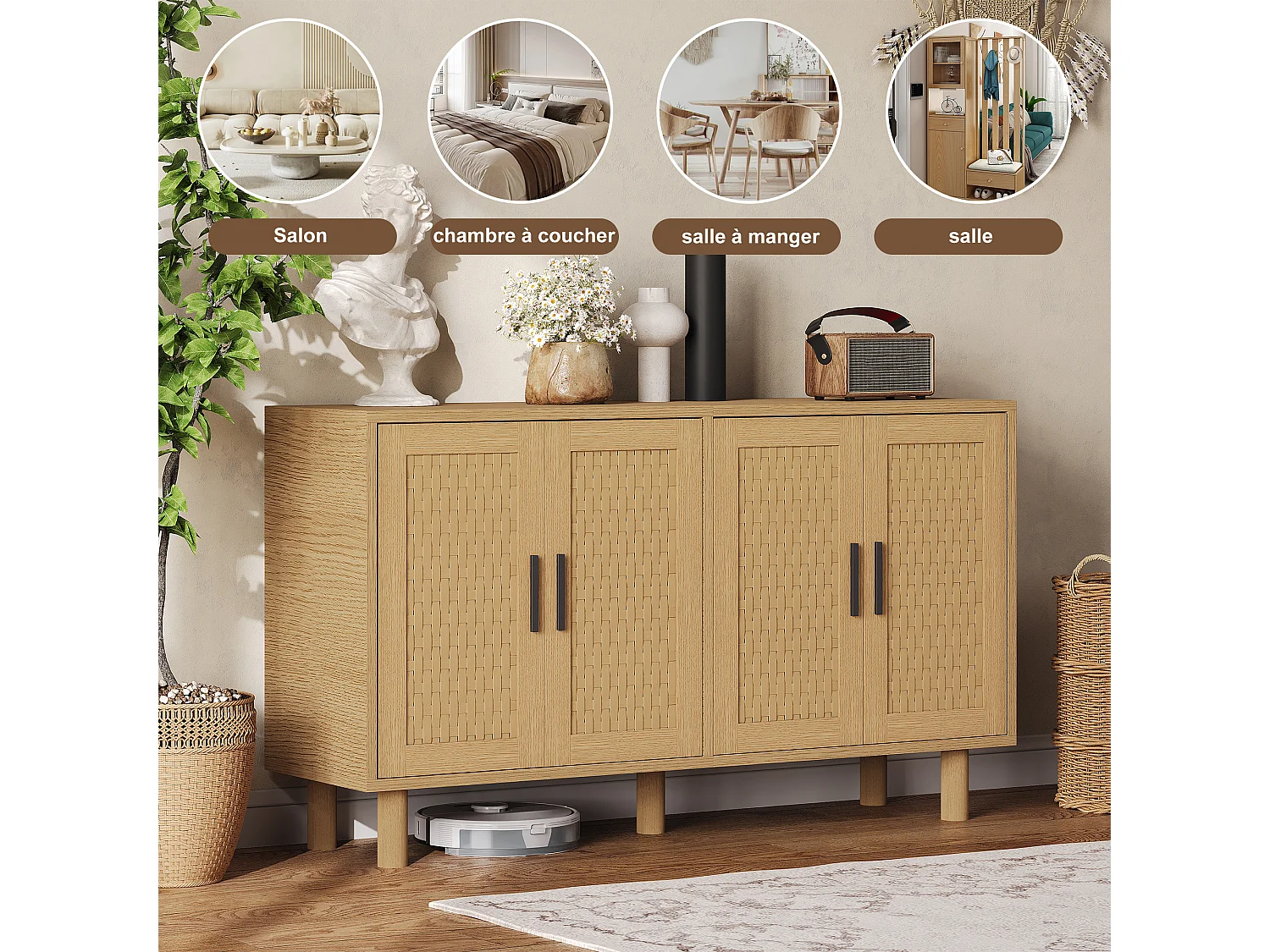 Armoire de stockage en bois avec 4 portes en rattan-coffre-tiroirs-armoire de cuisine buffet placard pour chambre salon-chêne couleur