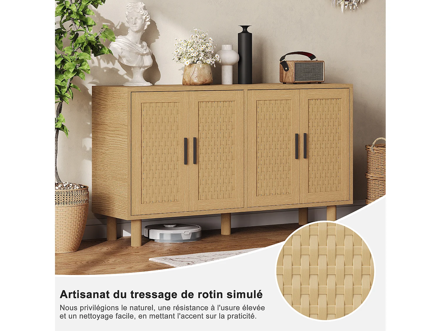 Armoire de stockage en bois avec 4 portes en rattan-coffre-tiroirs-armoire de cuisine buffet placard pour chambre salon-chêne couleur