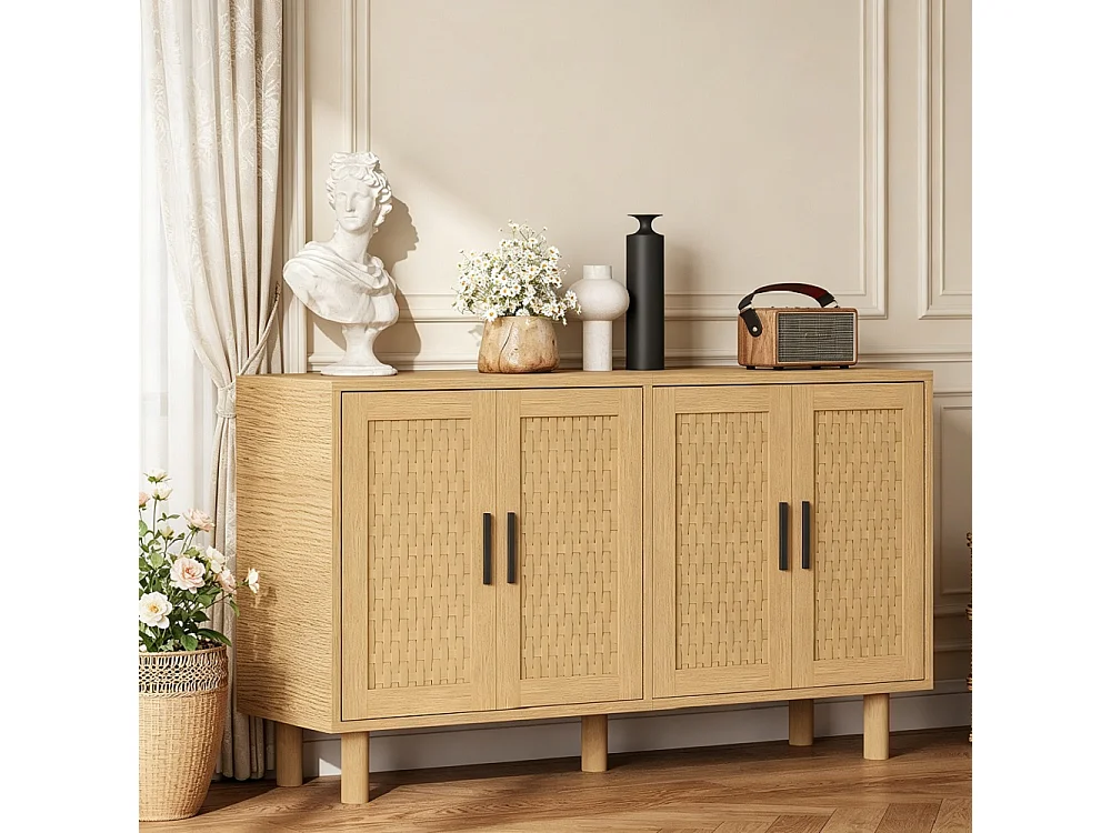 Armoire de stockage en bois avec 4 portes en rattan-coffre-tiroirs-armoire de cuisine buffet placard pour chambre salon-chêne couleur