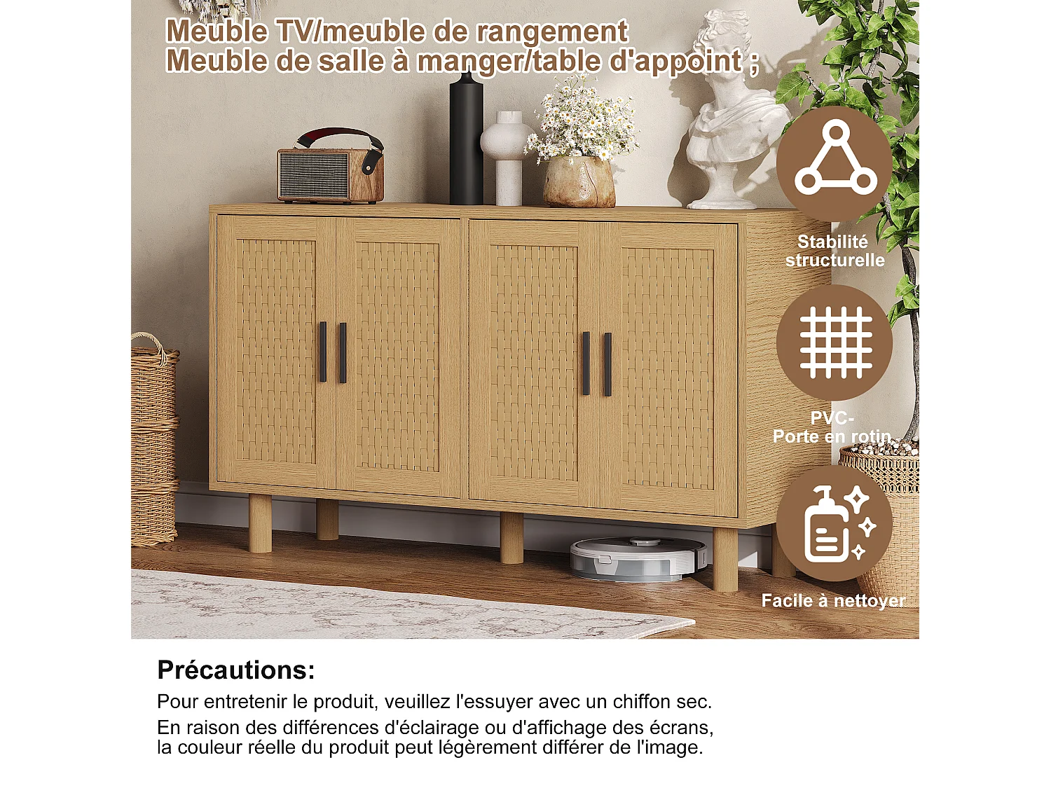 Armoire de stockage en bois avec 4 portes en rattan-coffre-tiroirs-armoire de cuisine buffet placard pour chambre salon-chêne couleur
