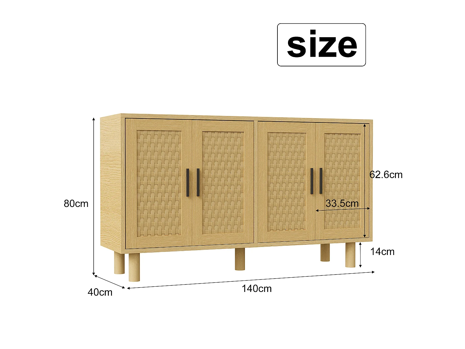 Armoire de stockage en bois avec 4 portes en rattan-coffre-tiroirs-armoire de cuisine buffet placard pour chambre salon-chêne couleur