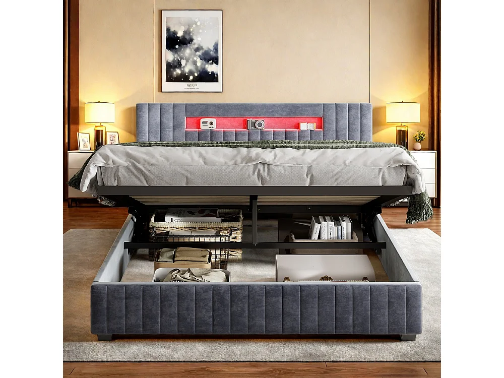 Cama de Armazenamento LED Moderna - 160 x 200 cm - Veludo Cinza - Montagem Fácil - Design Elegante