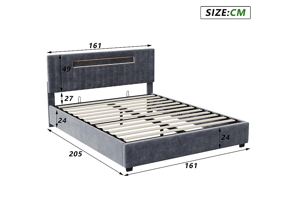 Cama de Armazenamento LED Moderna - 160 x 200 cm - Veludo Cinza - Montagem Fácil - Design Elegante