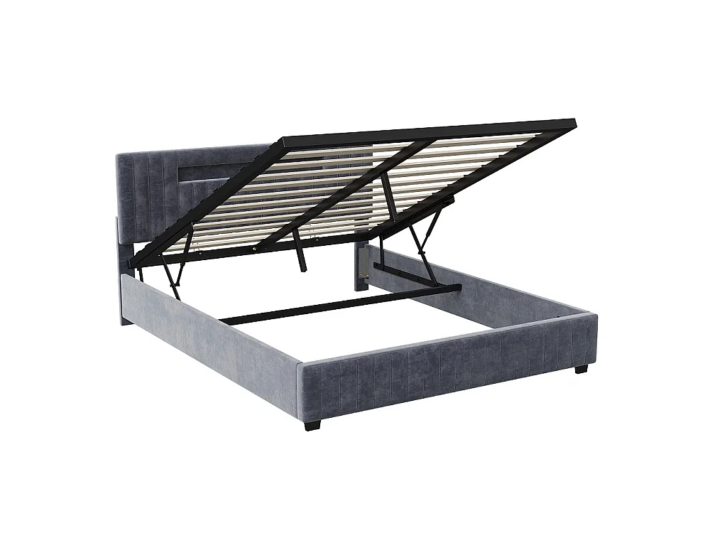 Cama de Armazenamento LED Moderna - 160 x 200 cm - Veludo Cinza - Montagem Fácil - Design Elegante