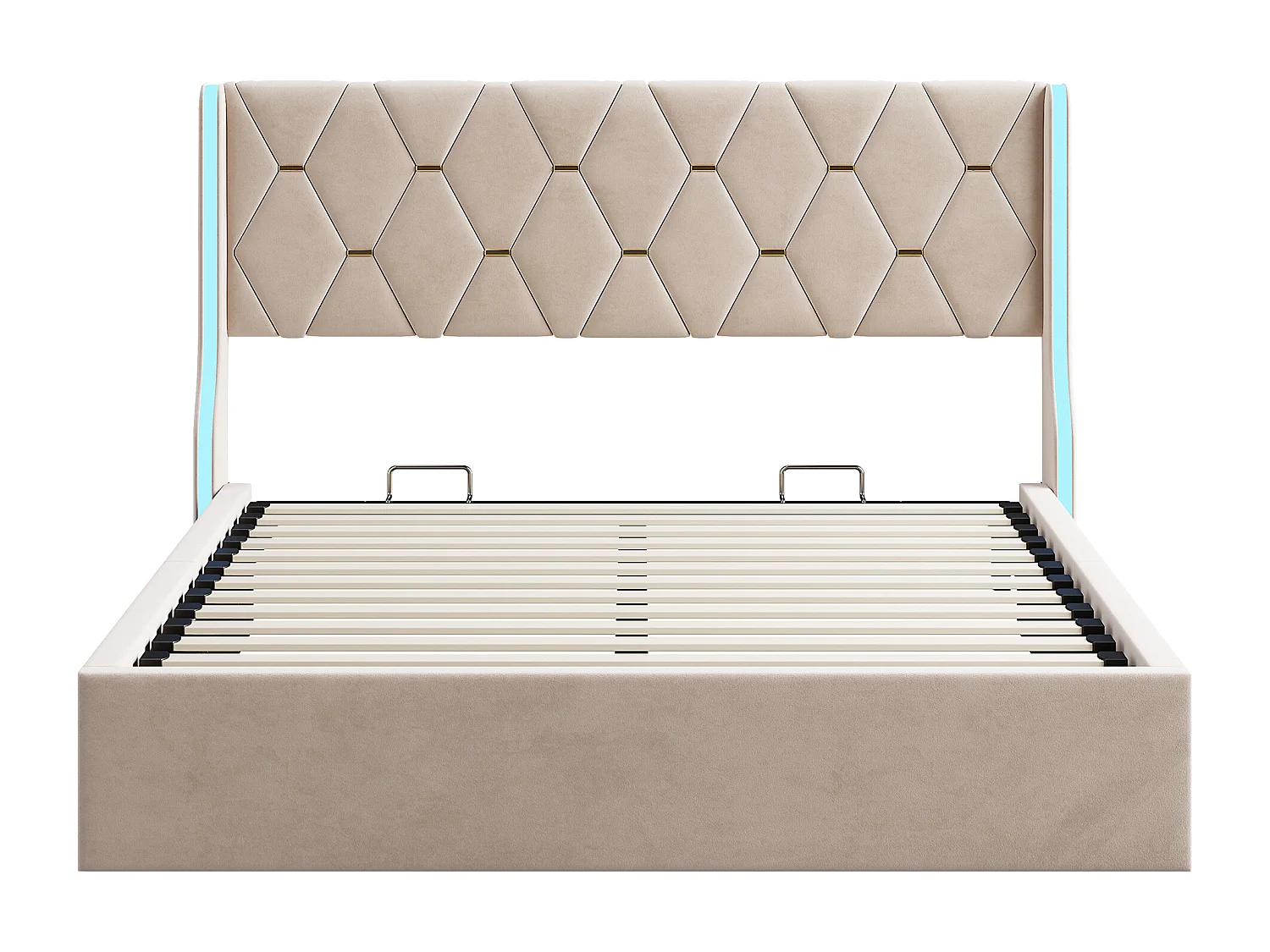 Lit Double - Lit Coffre avec Plateforme à Lattes - Tête de Lit LED RGB - Velours Beige - 140 x 190 cm
