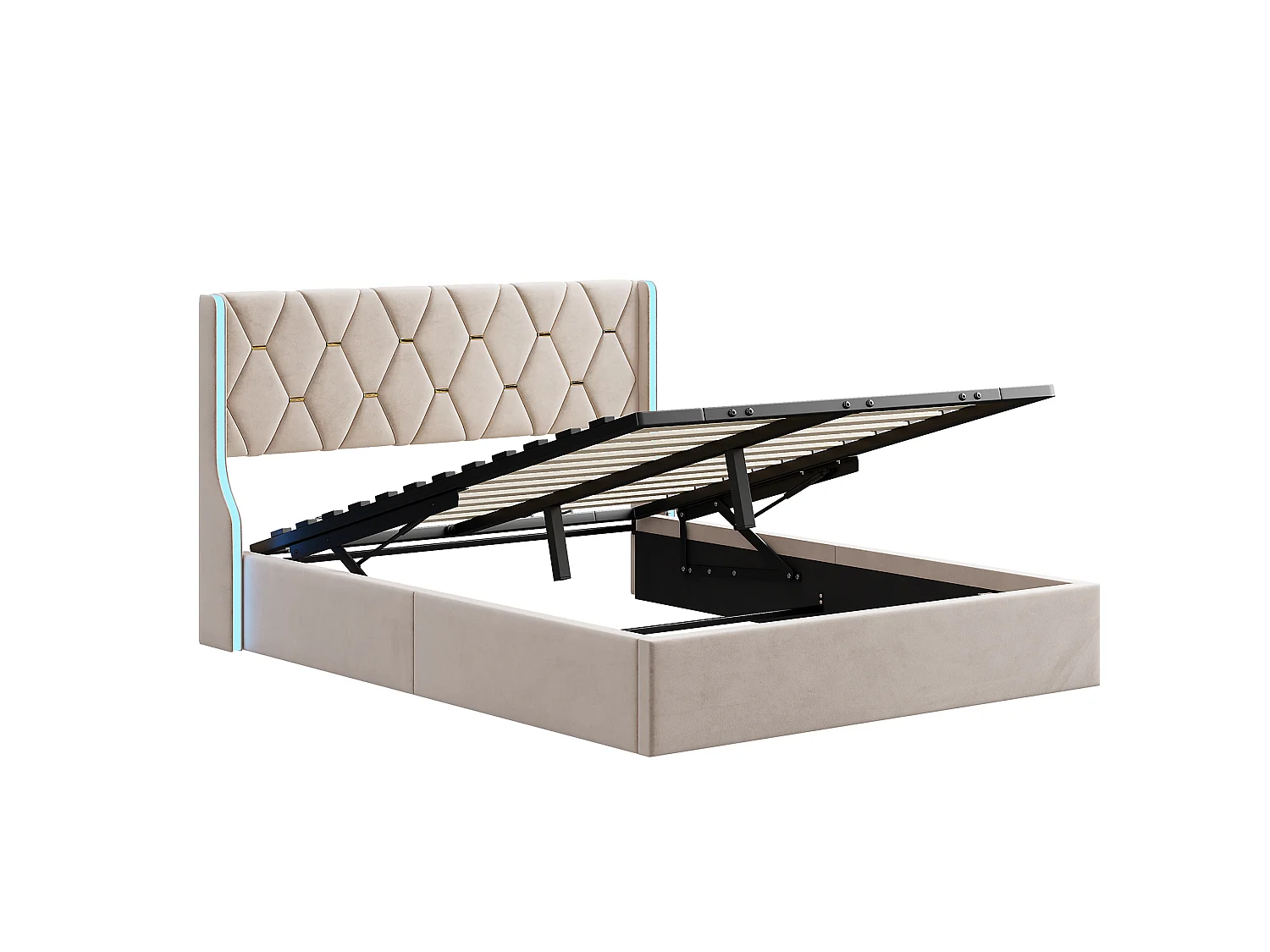 Cama Baúl Doble 140x190 cm en Terciopelo Beige con Cabecero LED RGB y Almacenamiento Integrado, Estilo Contemporáneo