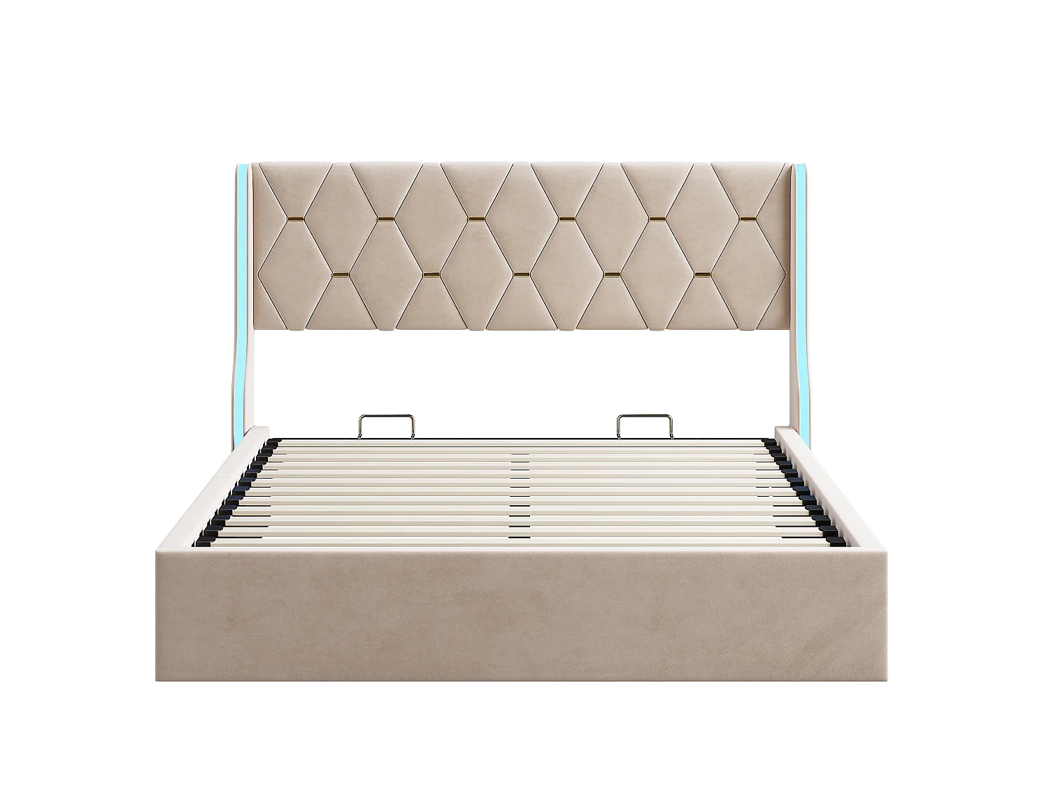 Cama Baúl Doble 140x190 cm en Terciopelo Beige con Cabecero LED RGB y Almacenamiento Integrado, Estilo Contemporáneo