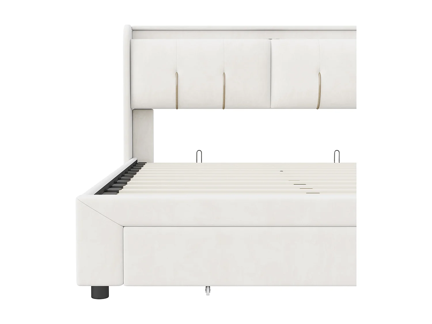 Coffre Lit Hydraulique Avec Tiroir - Cadre de Lit Double  - Tête de Lit Avec Barre Lumineuse LED RGB, Port USB et Prise de Courant - Beige - Velours - 140x200