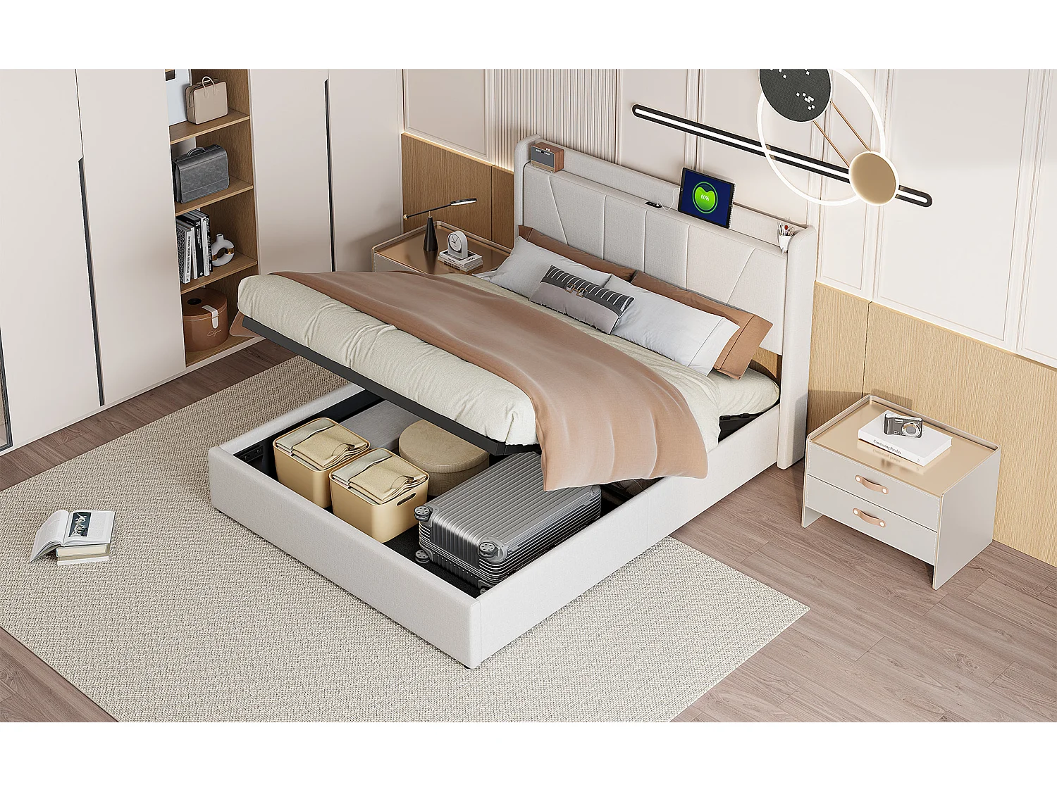 Lit Coffre Moderne avec Ccoffre de Rangement - Lit Capitonné - Cadre de Lit Double - Tête de Lit avec Port de Chargement USB - Beige - 140x200 - Linge