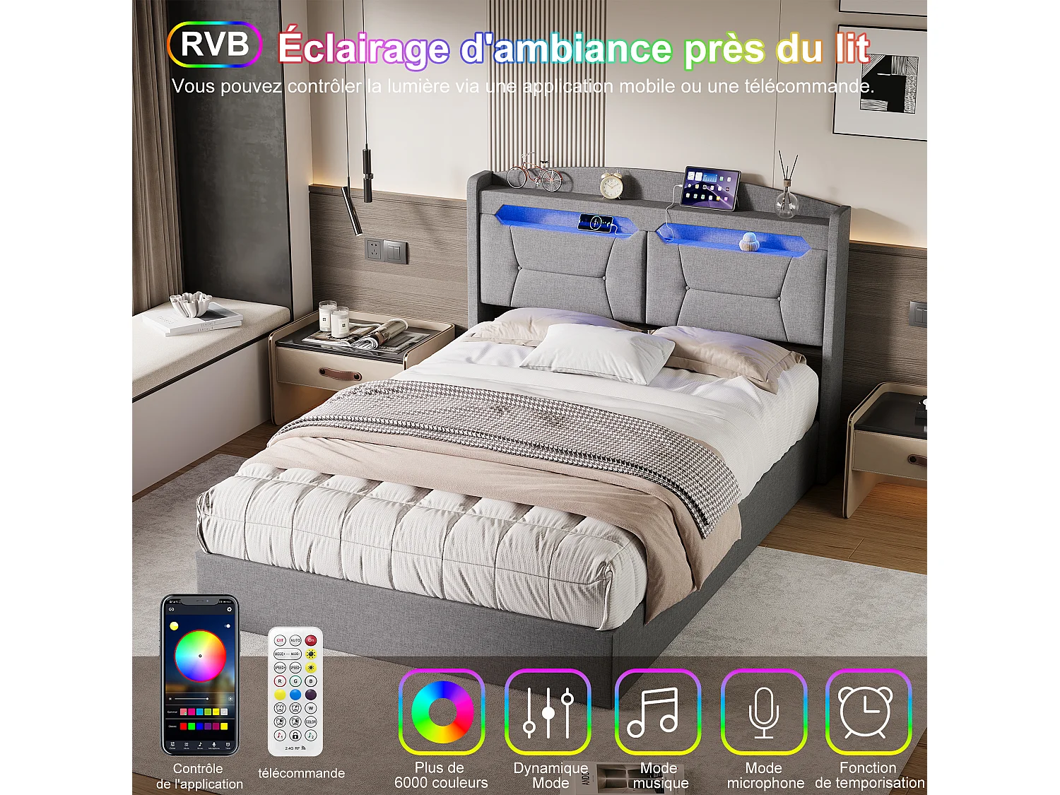 Coffre Lit Hydraulique - Cadre de Lit Double en Lin - Tête de Lit avec Bande LED RVB et Port USB - Gris clair - Linge - 140x200